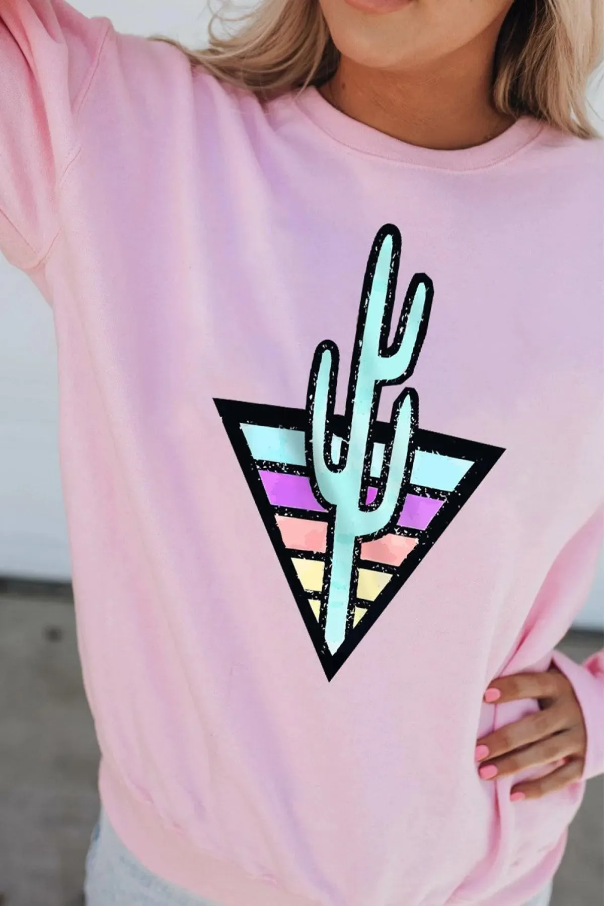 Ladies Pink Pullover Sweatshirt Cactus on Multicolor Triangle