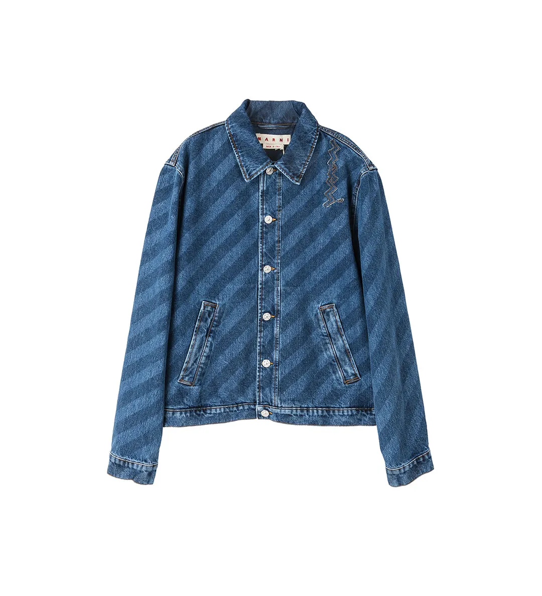 LASER PRINTED DENIM TRUCKER INDIGO