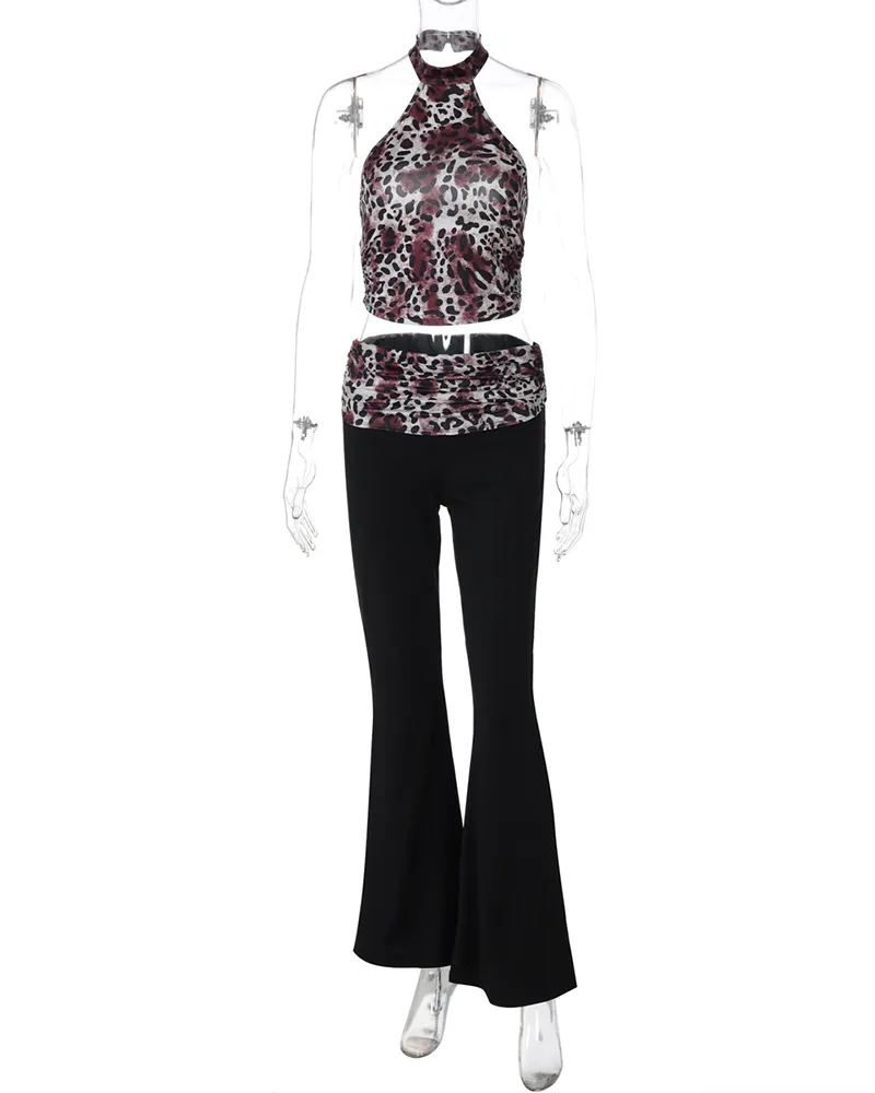 Leopard Print Paneled Flared Trousers Suit