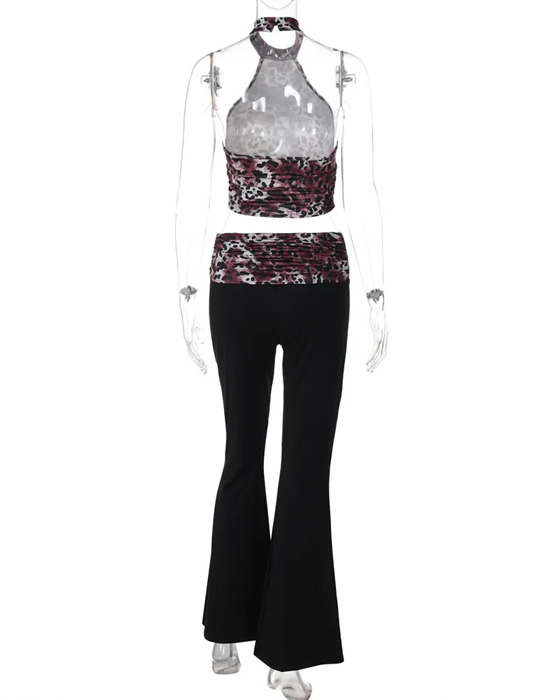 Leopard Print Paneled Flared Trousers Suit