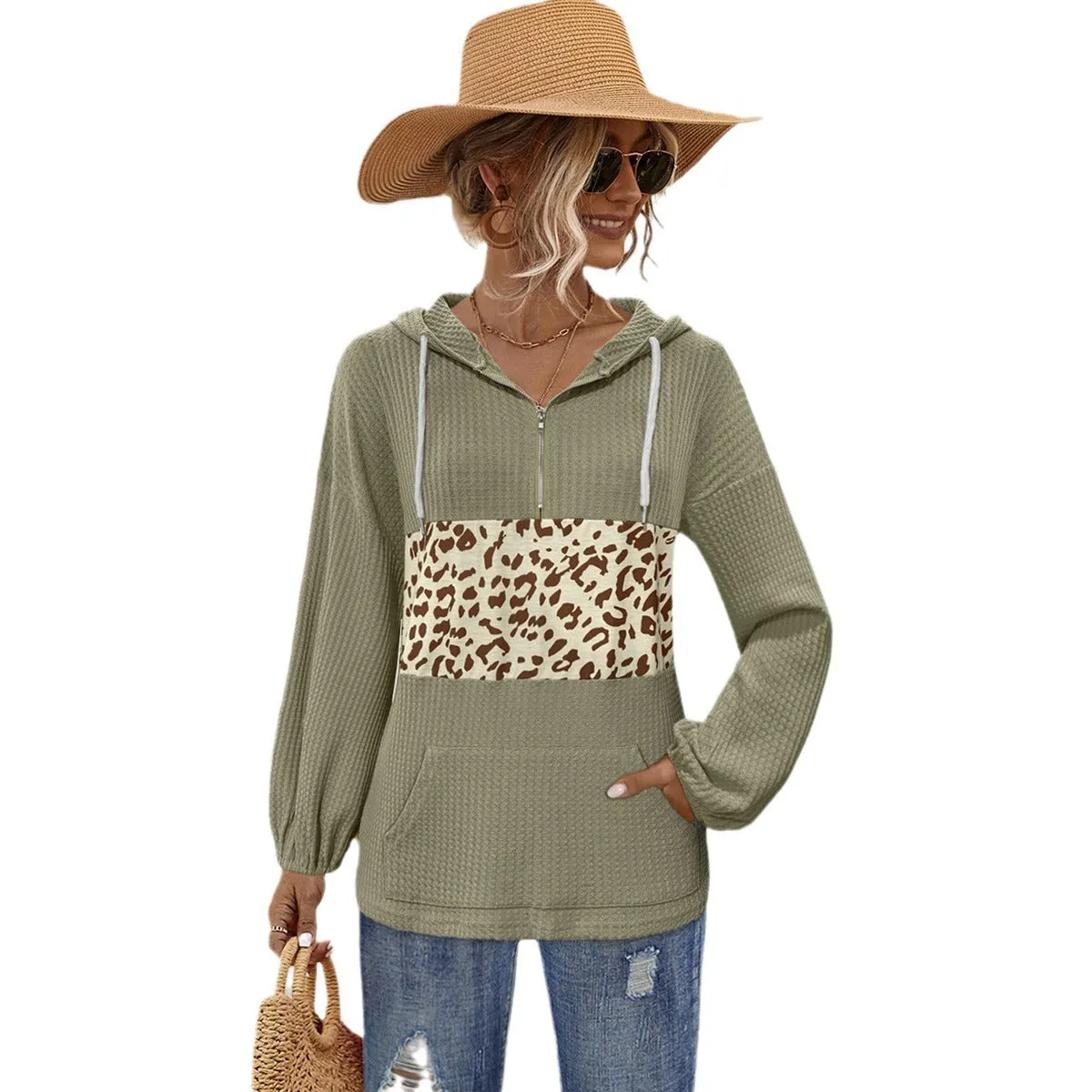 Leopard Print Patchwork Hooded Sweatshirts Wholesale Womens Clothing N3824111300028