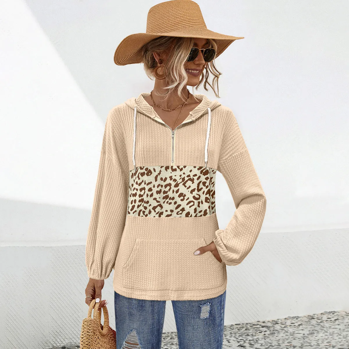 Leopard Print Patchwork Hooded Sweatshirts Wholesale Womens Clothing N3824111300028