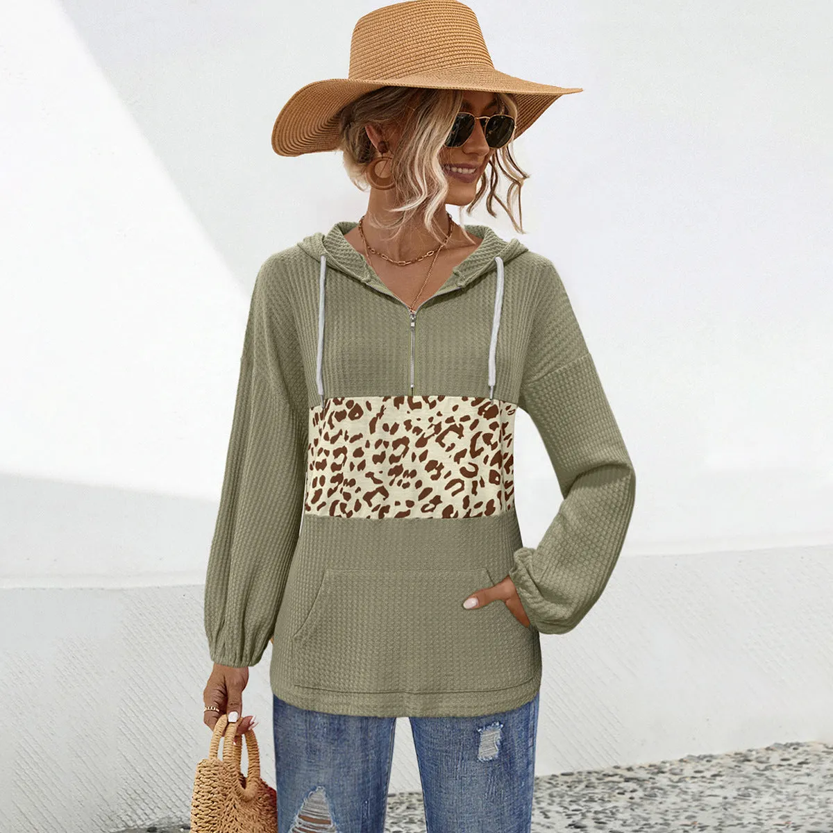 Leopard Print Patchwork Hooded Sweatshirts Wholesale Womens Clothing N3824111300028