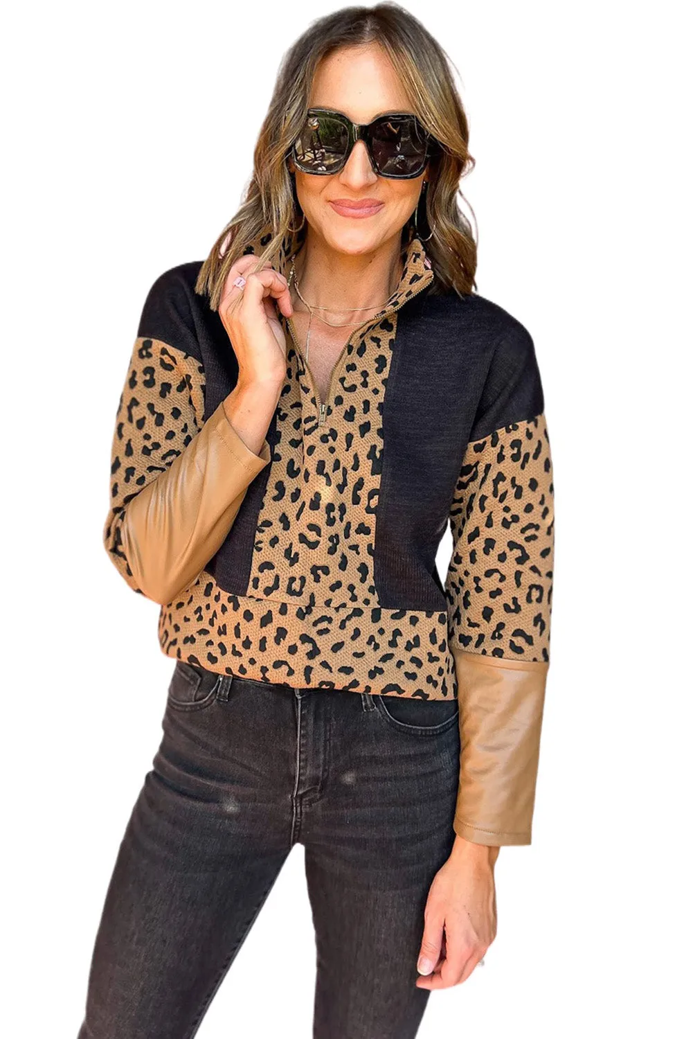 Leopard Zipped Front Leopard Colorblock Patchwork Sweatshirt
