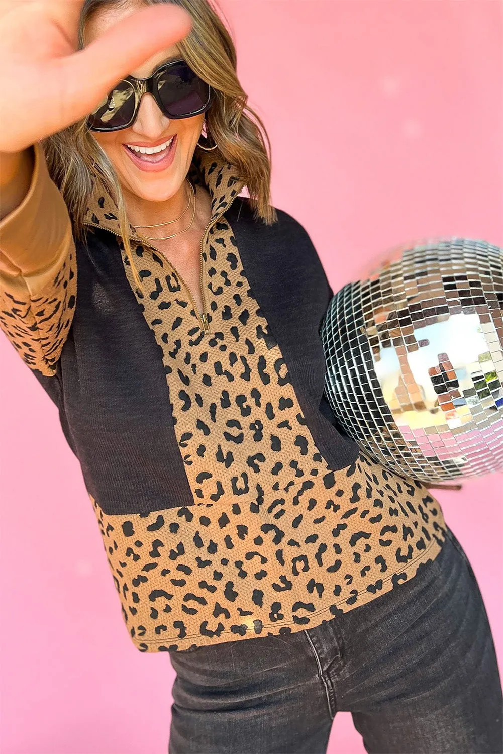 Leopard Zipped Front Leopard Colorblock Patchwork Sweatshirt