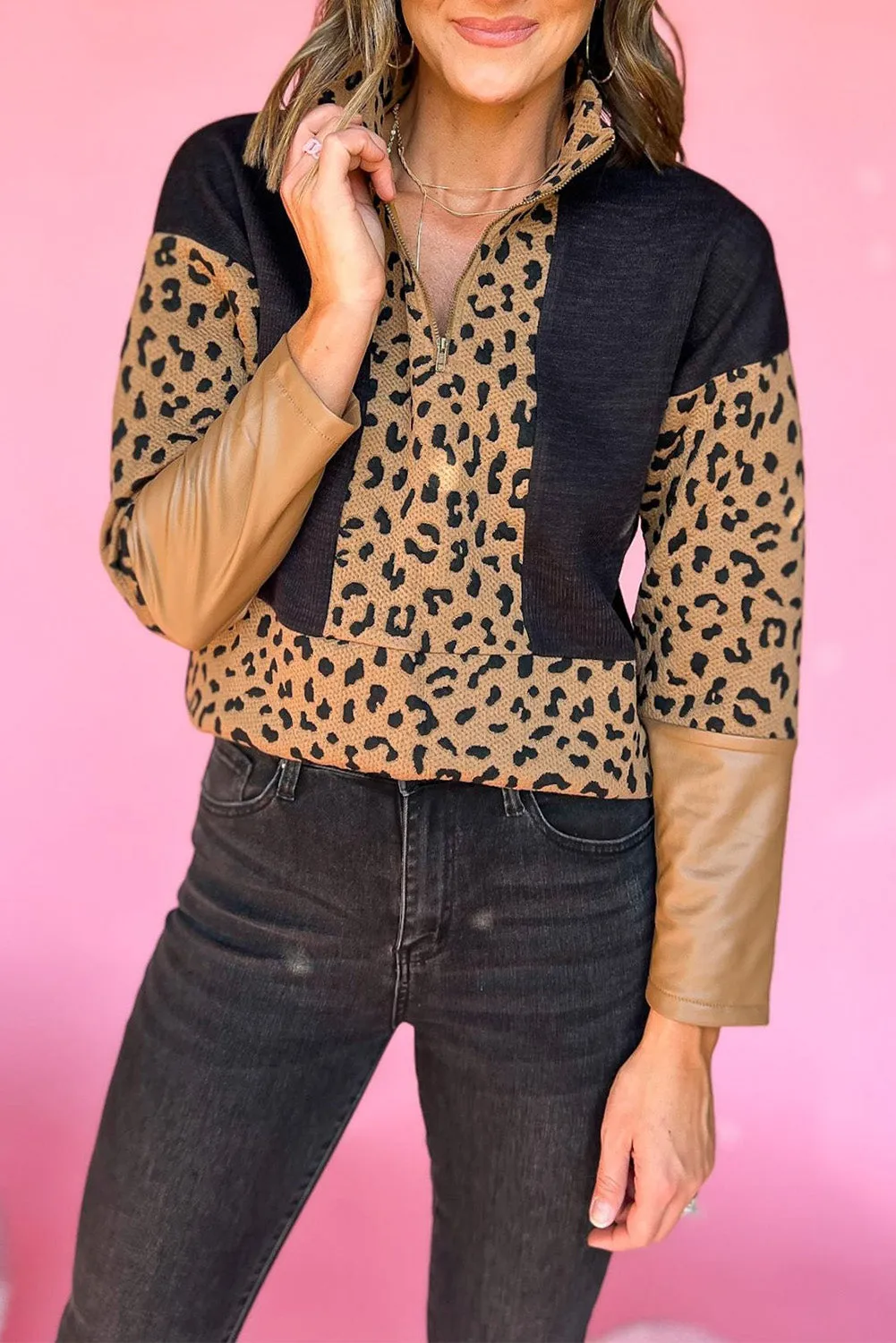 Leopard Zipped Front Leopard Colorblock Patchwork Sweatshirt