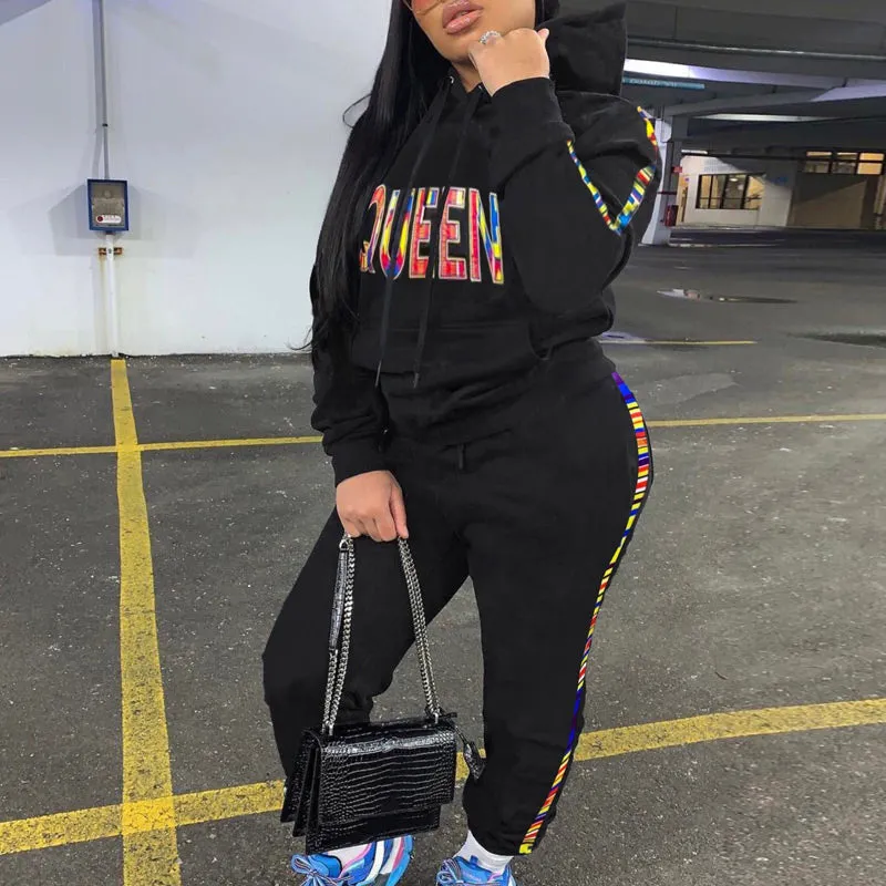 Letter Colorful Print Long Sleeve Hoodie Top & Pants Set