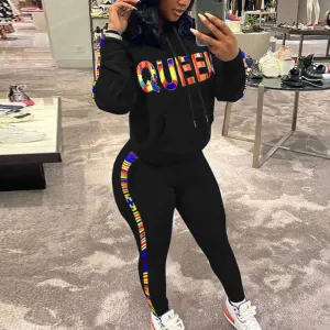 Letter Colorful Print Long Sleeve Hoodie Top & Pants Set