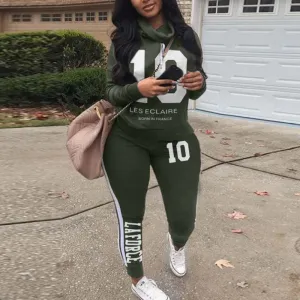 Letter Print Long Sleeve Hoodie Top & Pants Set