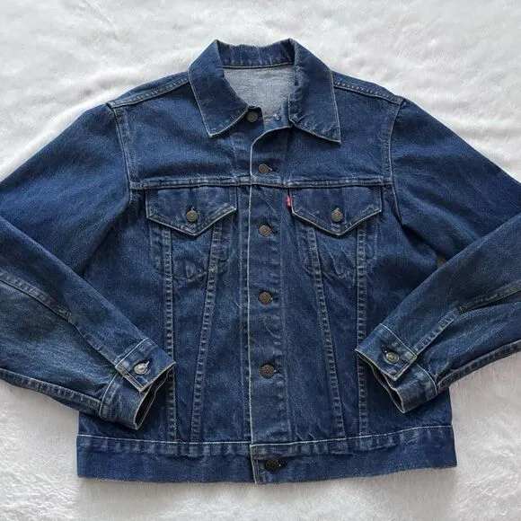 Levis Denim Trucker Jacket BE KIND Custom Painted Back Womens Large Blue Denim