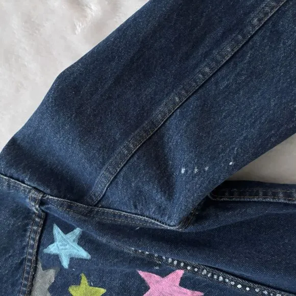 Levis Denim Trucker Jacket BE KIND Custom Painted Back Womens Large Blue Denim
