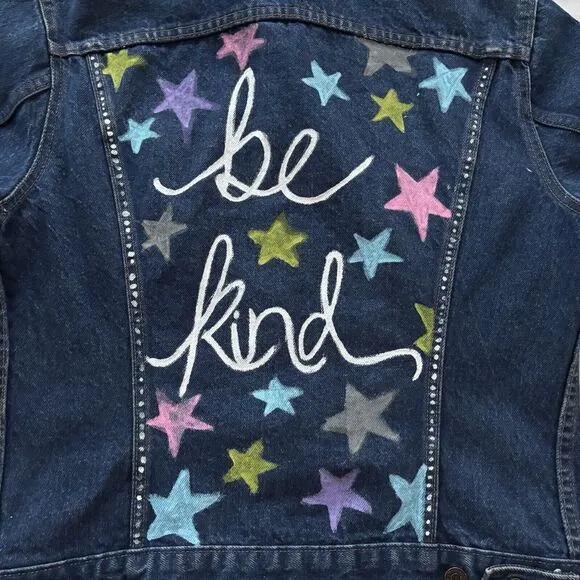 Levis Denim Trucker Jacket BE KIND Custom Painted Back Womens Large Blue Denim
