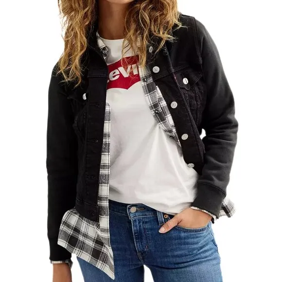 Levi's Hybrid Denim Hoodie Original Trucker Jacket Black Size L