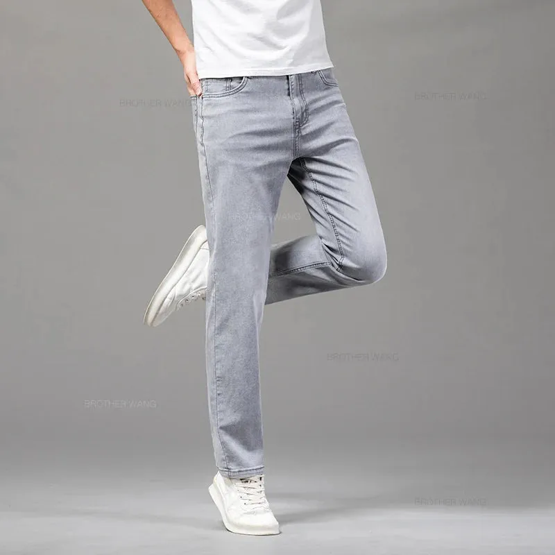 LichtgrauElastisch Herren Sommer Jeans Classic Straight Business Casual Denim Trousers