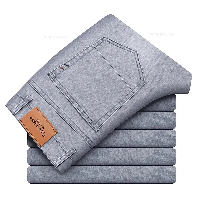 LichtgrauElastisch Herren Sommer Jeans Classic Straight Business Casual Denim Trousers