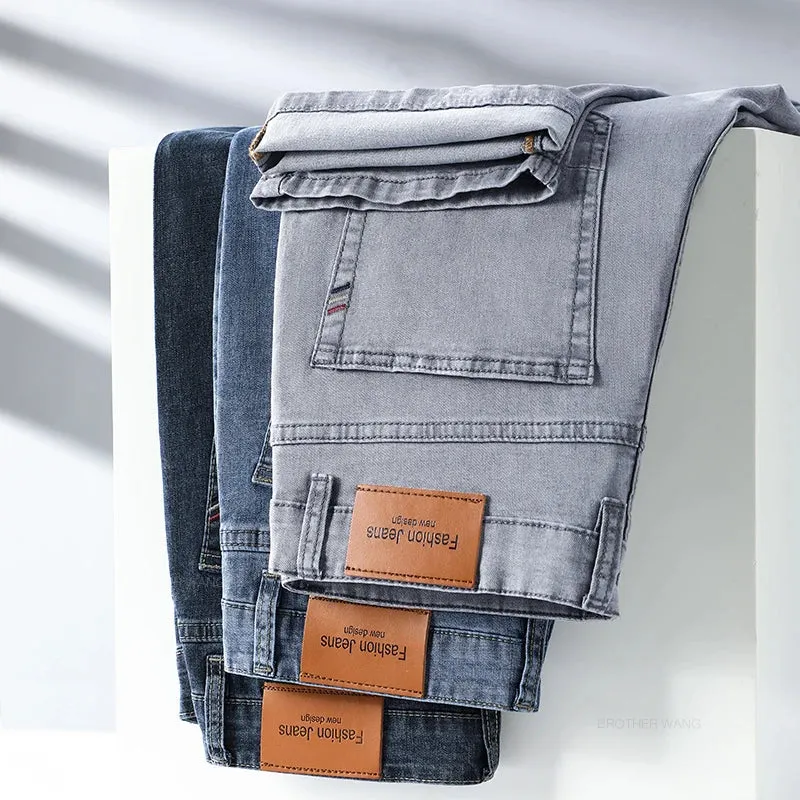 LichtgrauElastisch Herren Sommer Jeans Classic Straight Business Casual Denim Trousers