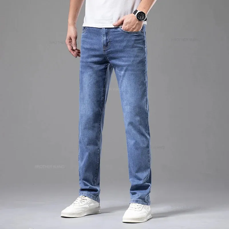 LichtgrauElastisch Herren Sommer Jeans Classic Straight Business Casual Denim Trousers