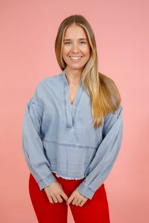 Light Denim Split Neck Top