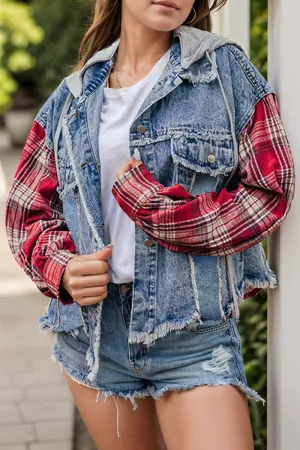 Lily Raw Hem Drawstring Plaid Denim Jacket