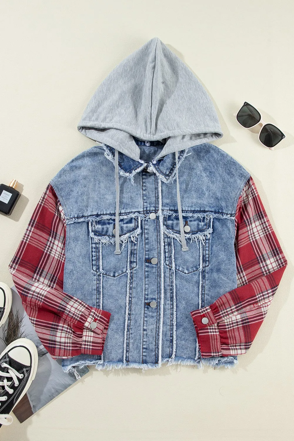 Lily Raw Hem Drawstring Plaid Denim Jacket