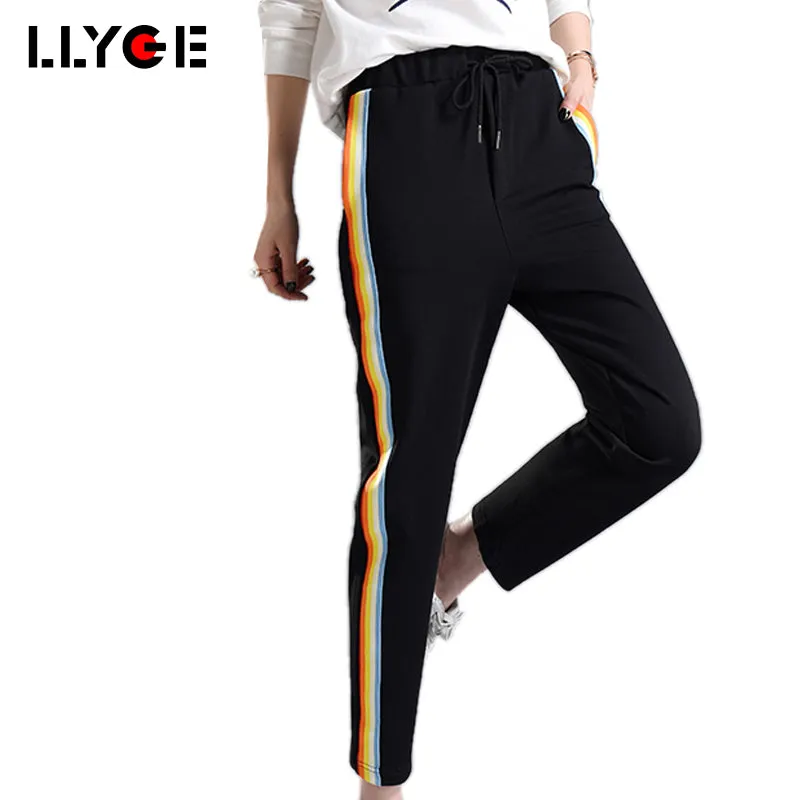 LLYGE Sweatpants Sportswear Rainbow Pants 2017 Spring Autumn Joggers Women Black Harem Pants Harajuku Kpop Trousers Female