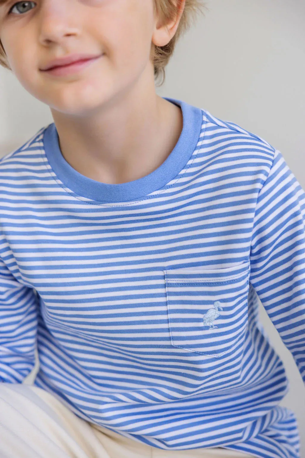 Long Sleeve Carter Crewneck, Barbados Blue Stripe with Buckhead Blue Stork