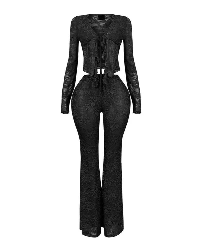 Long-Sleeved Lace Shirt Lace Pants Set