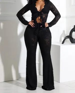 Long-Sleeved Lace Shirt Lace Pants Set