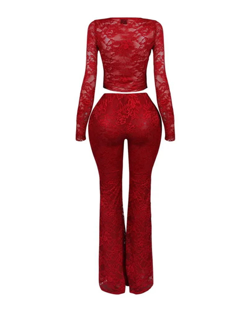 Long-Sleeved Lace Shirt Lace Pants Set