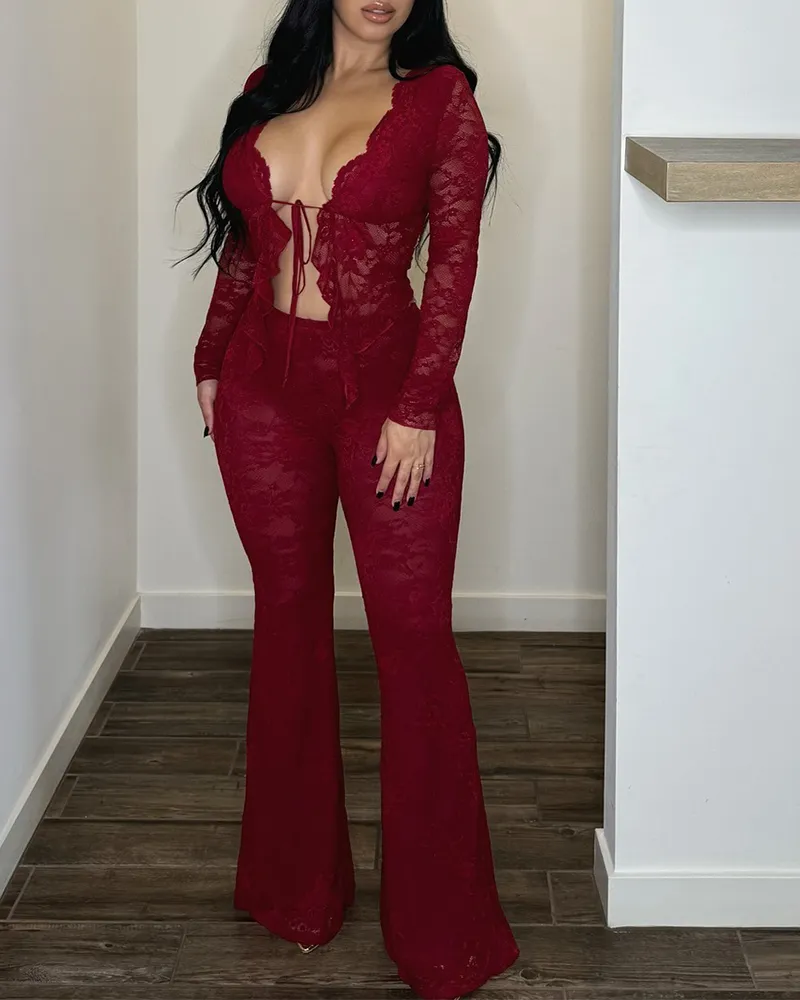 Long-Sleeved Lace Shirt Lace Pants Set