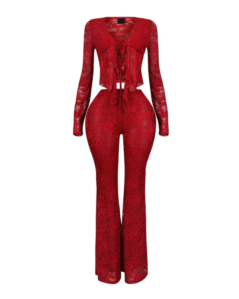Long-Sleeved Lace Shirt Lace Pants Set