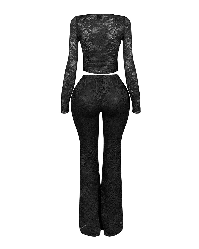 Long-Sleeved Lace Shirt Lace Pants Set