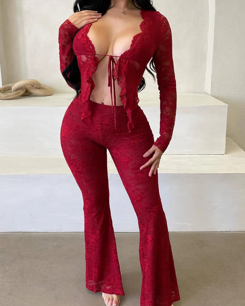 Long-Sleeved Lace Shirt Lace Pants Set