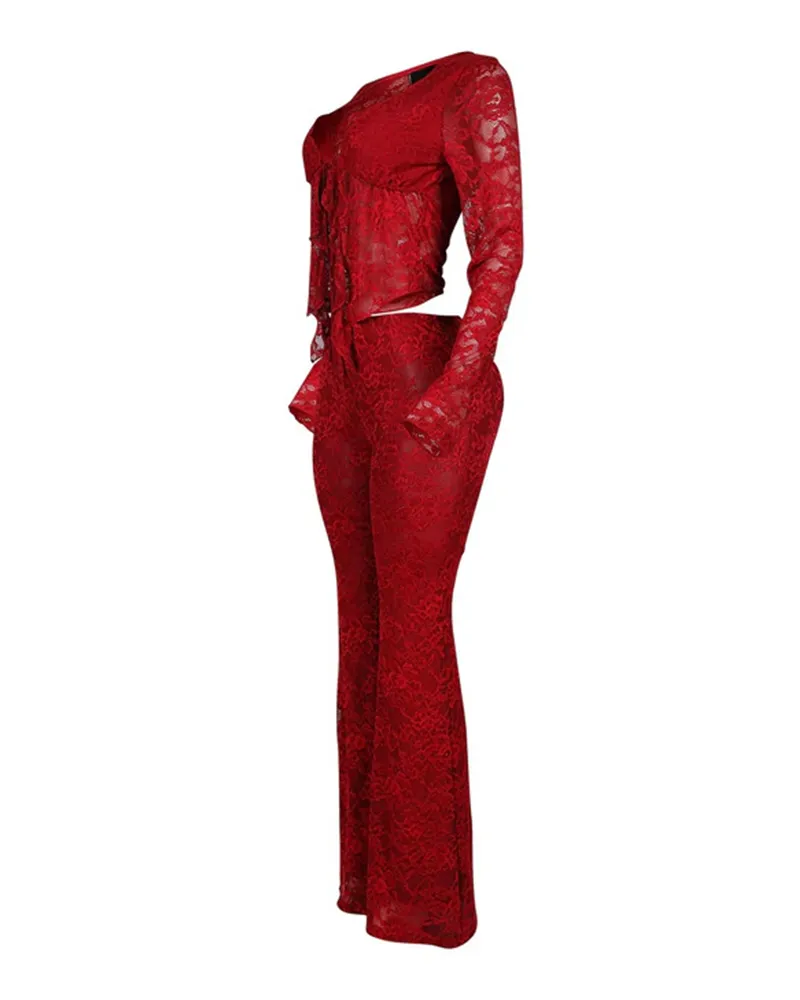 Long-Sleeved Lace Shirt Lace Pants Set
