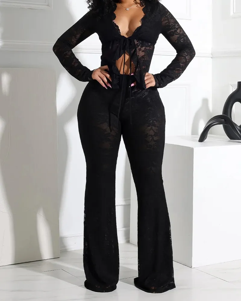 Long-Sleeved Lace Shirt Lace Pants Set