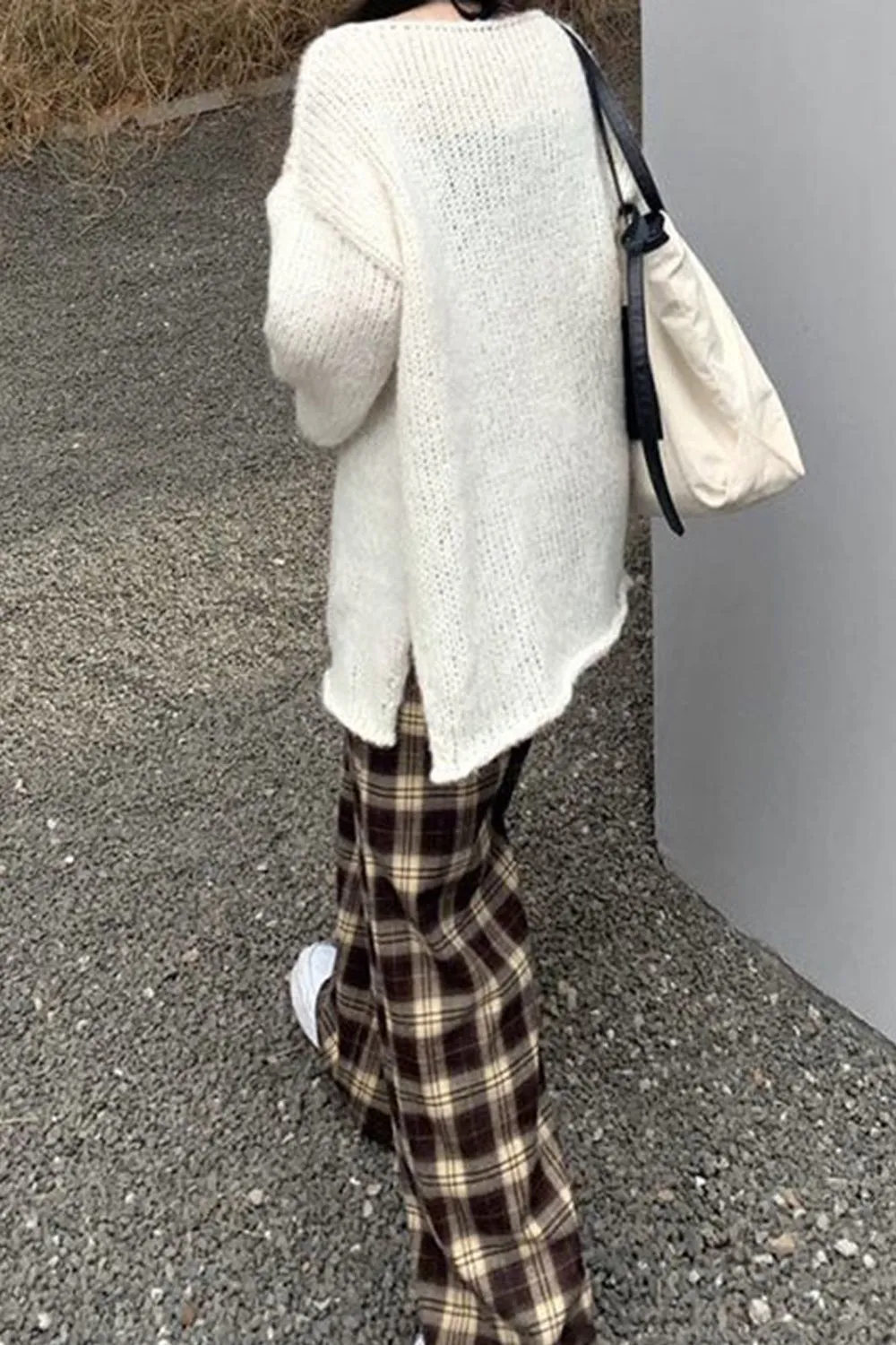 Loose Coffee Plaid Casual Long Pants