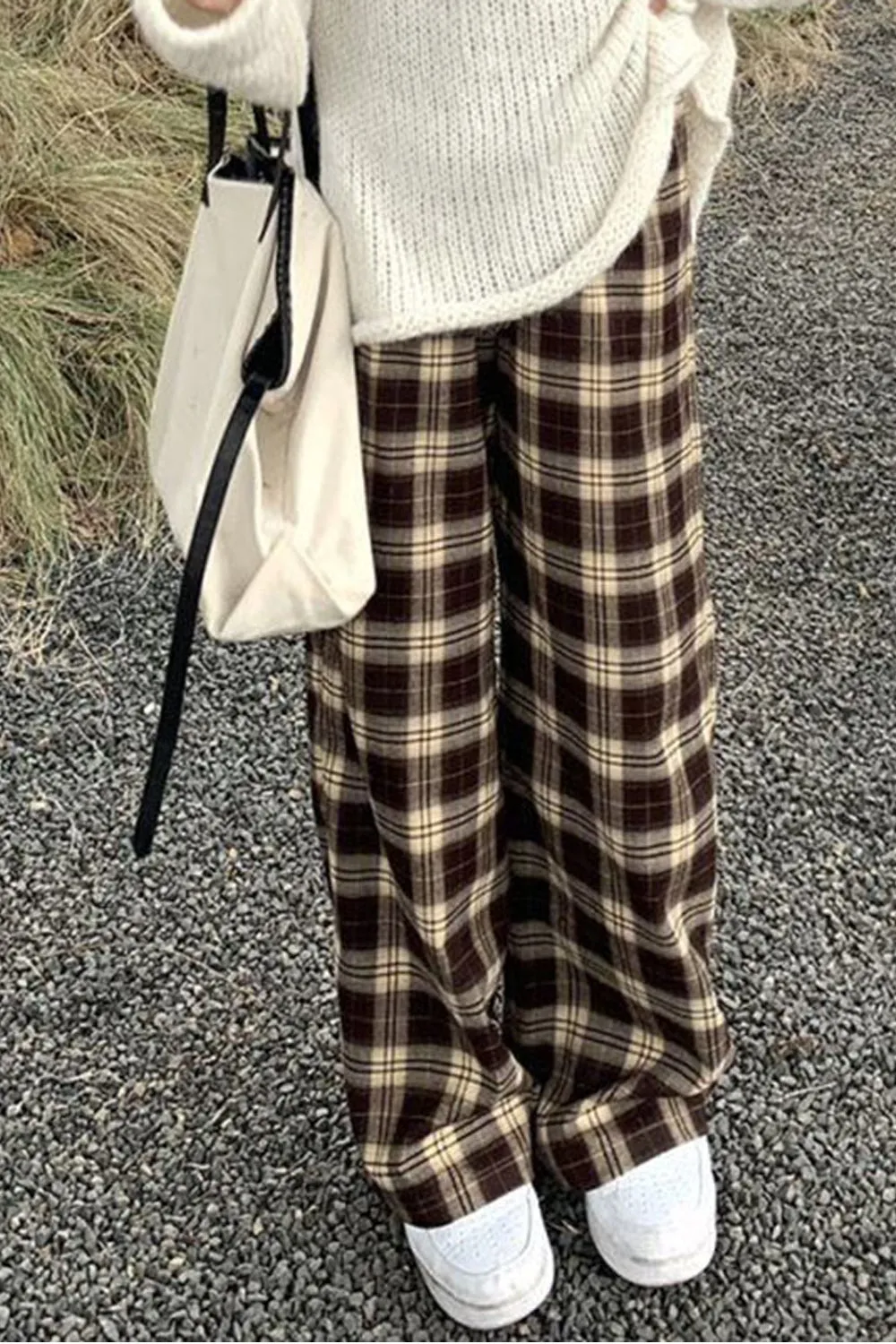 Loose Coffee Plaid Casual Long Pants