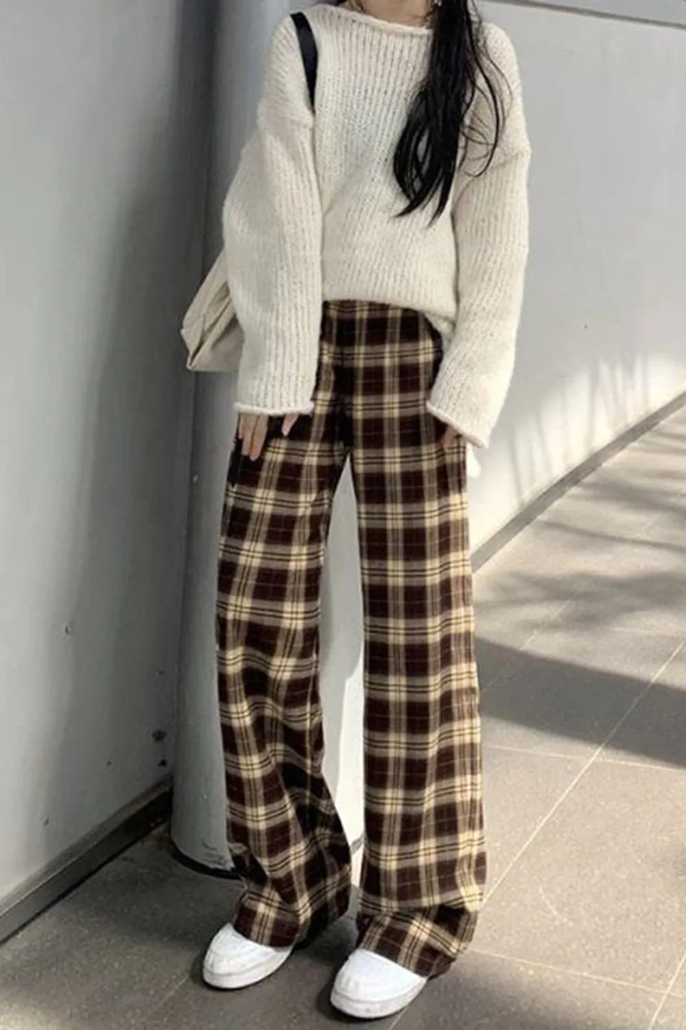 Loose Coffee Plaid Casual Long Pants