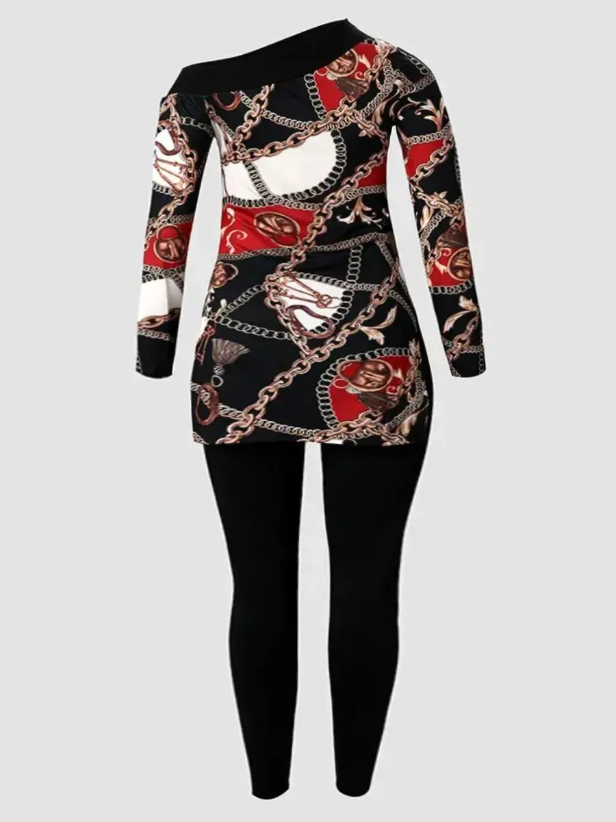 LW Casual Plus Size Chain Print Side Split Pants Set for 2023 Women Bateau Neck Long Sleeve Two Pieces Matching Suits Outfit