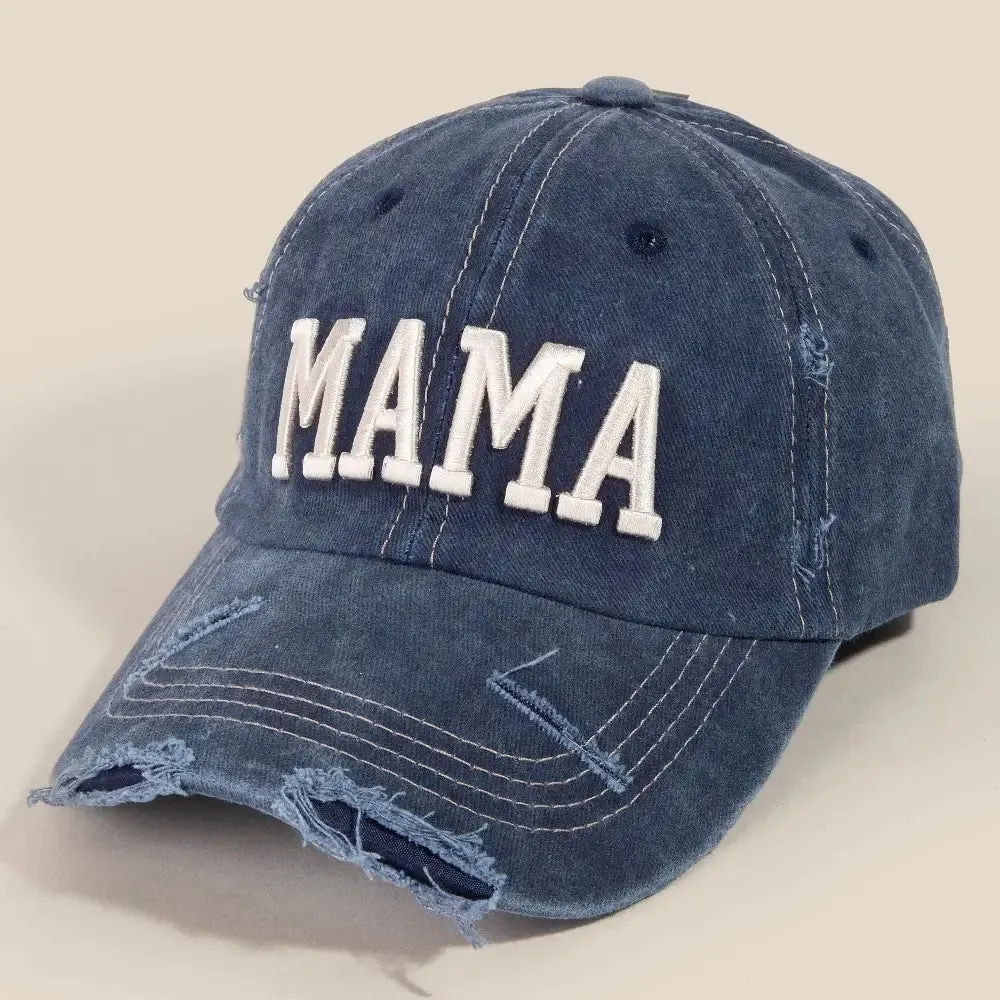 Mama Embroidered Distressed Denim Trucker Hat