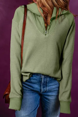 Meadow Mist Waffle Knit Patchwork Zipped Collared Pullover Top