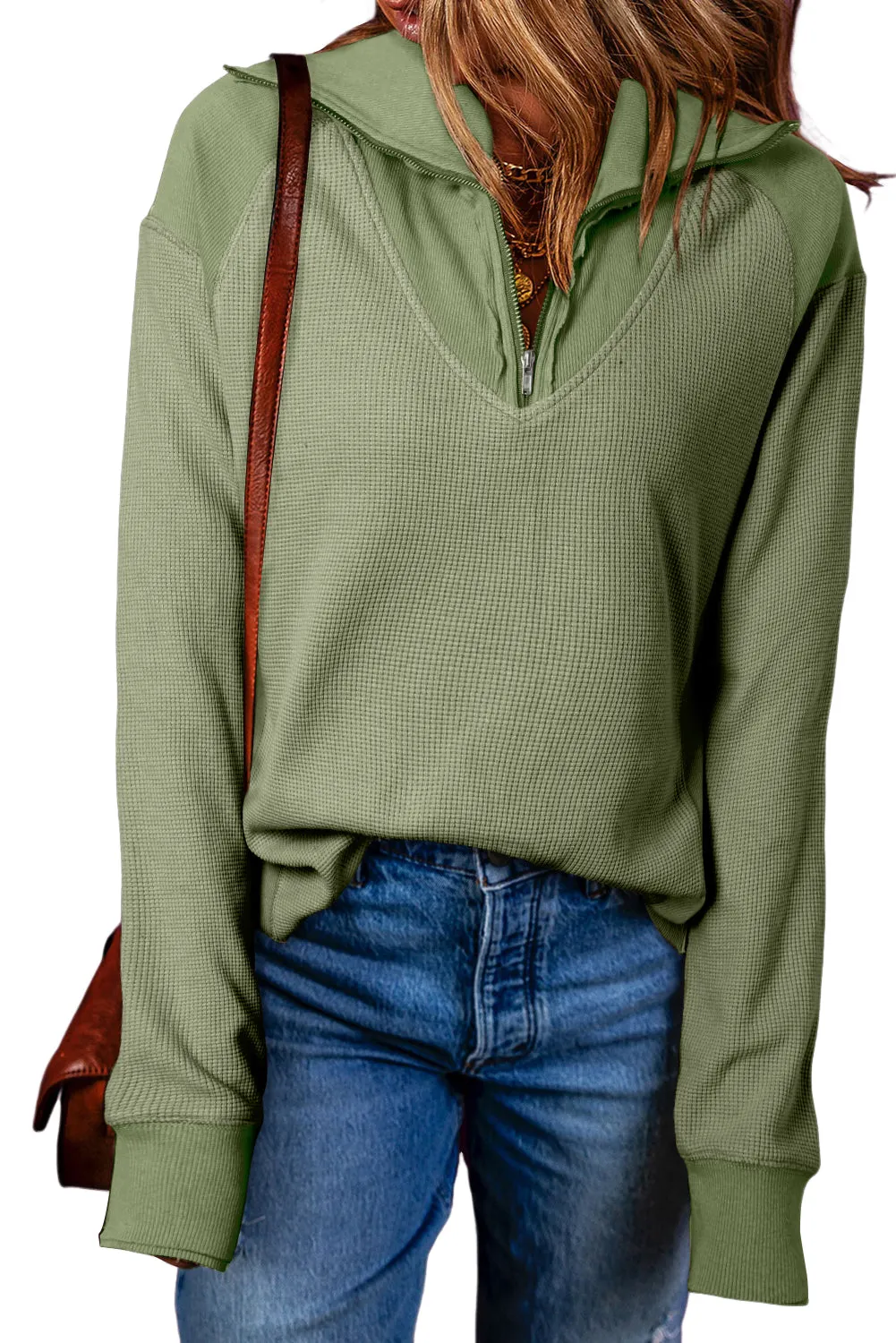 Meadow Mist Waffle Knit Patchwork Zipped Collared Pullover Top