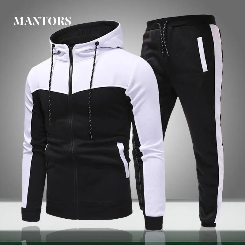 Men Casual Sets 2020 Spring New Solid Splice Jogger Tracksuit Zipper Hoodies Pants 2PC Sets Men's Sportswear Sport Suit Clothing