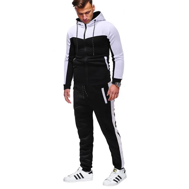 Men Casual Sets 2020 Spring New Solid Splice Jogger Tracksuit Zipper Hoodies Pants 2PC Sets Men's Sportswear Sport Suit Clothing