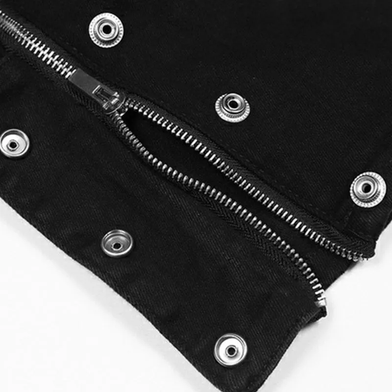 Men’s Black Streetwear Denim with Zipper and Button Details