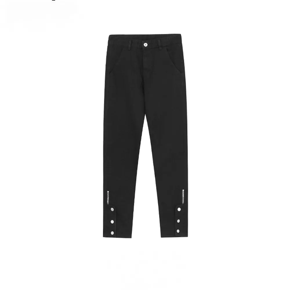 Men’s Black Streetwear Denim with Zipper and Button Details