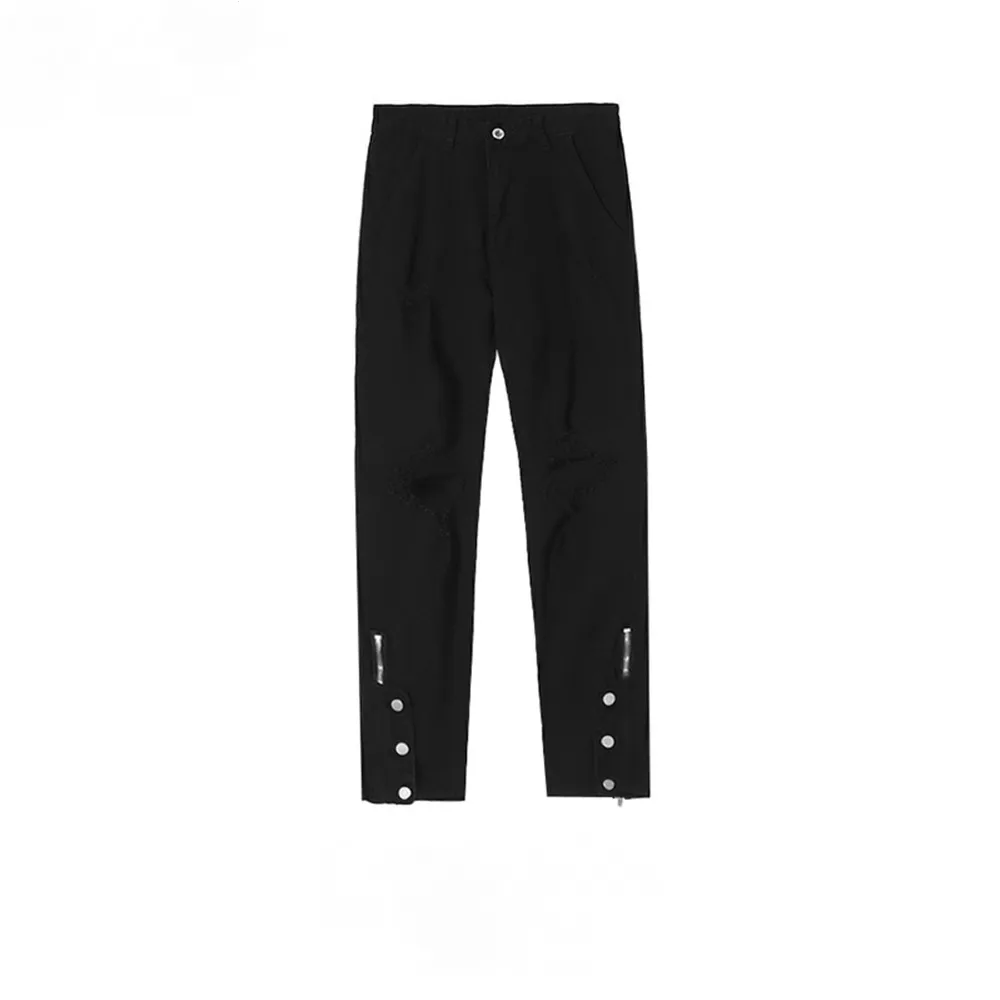 Men’s Black Streetwear Denim with Zipper and Button Details