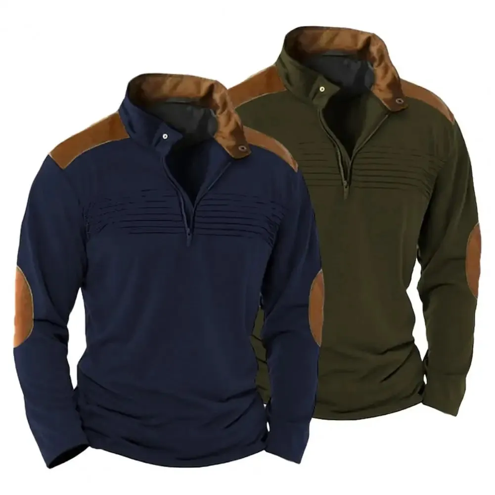 Men's Patchwork Hoodie – Retro Zipper Sweatshirt with Stand Collar, hoodies for Men