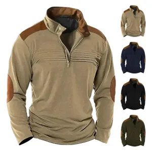 Men's Patchwork Hoodie – Retro Zipper Sweatshirt with Stand Collar, hoodies for Men