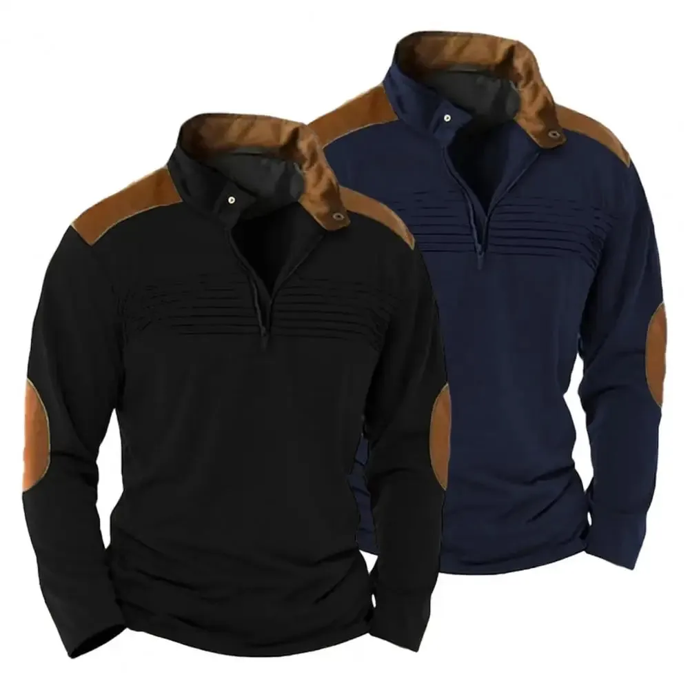 Men's Patchwork Hoodie – Retro Zipper Sweatshirt with Stand Collar, hoodies for Men
